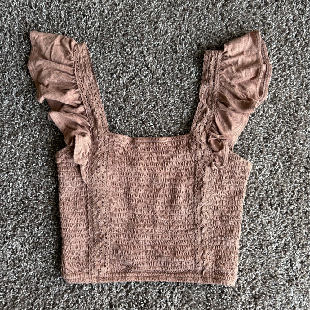 SO Ribbed Smocked Off-Shoulder Top in Dusty Mauve